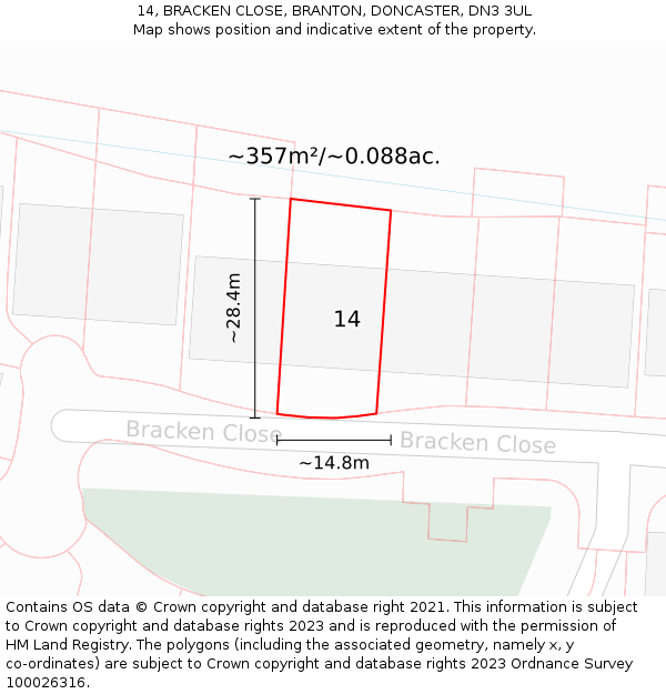 14, BRACKEN CLOSE, BRANTON, DONCASTER, DN3 3UL: Plot and title map