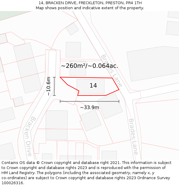 14, BRACKEN DRIVE, FRECKLETON, PRESTON, PR4 1TH: Plot and title map