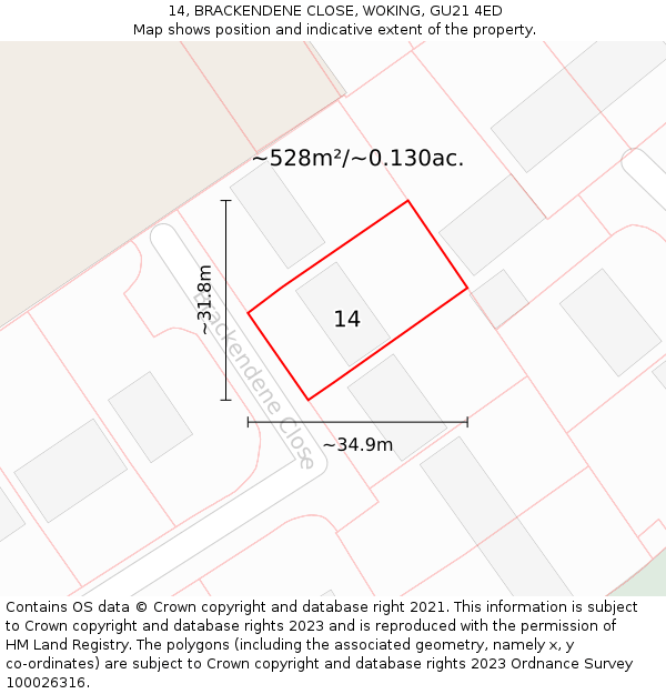 14, BRACKENDENE CLOSE, WOKING, GU21 4ED: Plot and title map