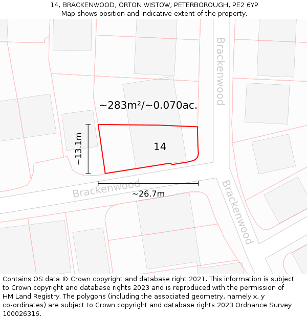 14, BRACKENWOOD, ORTON WISTOW, PETERBOROUGH, PE2 6YP: Plot and title map