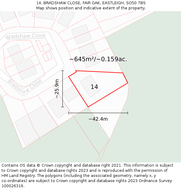 14, BRADSHAW CLOSE, FAIR OAK, EASTLEIGH, SO50 7BS: Plot and title map