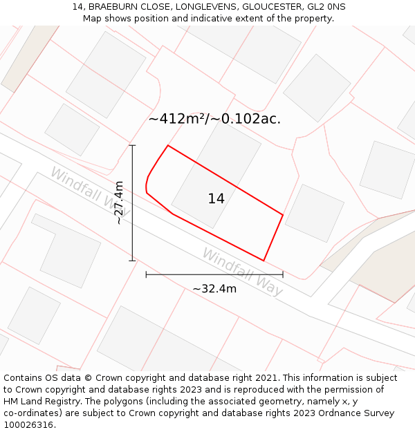 14, BRAEBURN CLOSE, LONGLEVENS, GLOUCESTER, GL2 0NS: Plot and title map