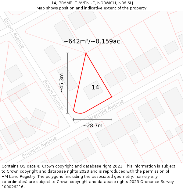 14, BRAMBLE AVENUE, NORWICH, NR6 6LJ: Plot and title map