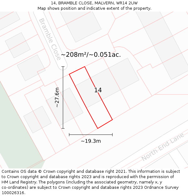 14, BRAMBLE CLOSE, MALVERN, WR14 2UW: Plot and title map