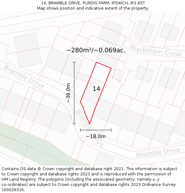 14, BRAMBLE DRIVE, PURDIS FARM, IPSWICH, IP3 8ST: Plot and title map