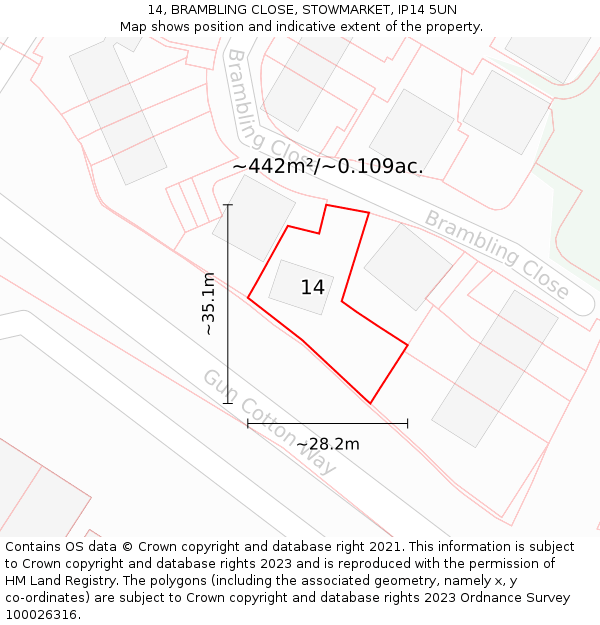 14, BRAMBLING CLOSE, STOWMARKET, IP14 5UN: Plot and title map