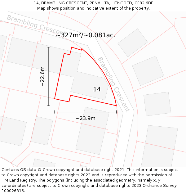 14, BRAMBLING CRESCENT, PENALLTA, HENGOED, CF82 6BF: Plot and title map