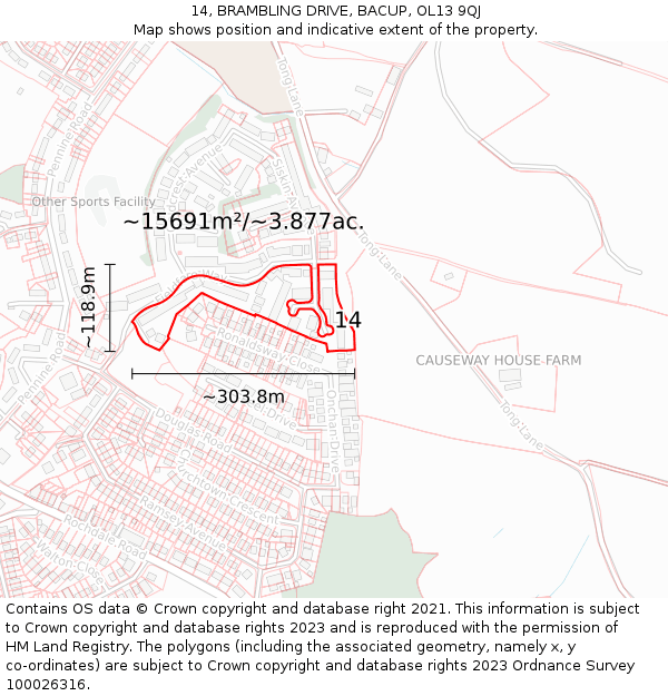 14, BRAMBLING DRIVE, BACUP, OL13 9QJ: Plot and title map