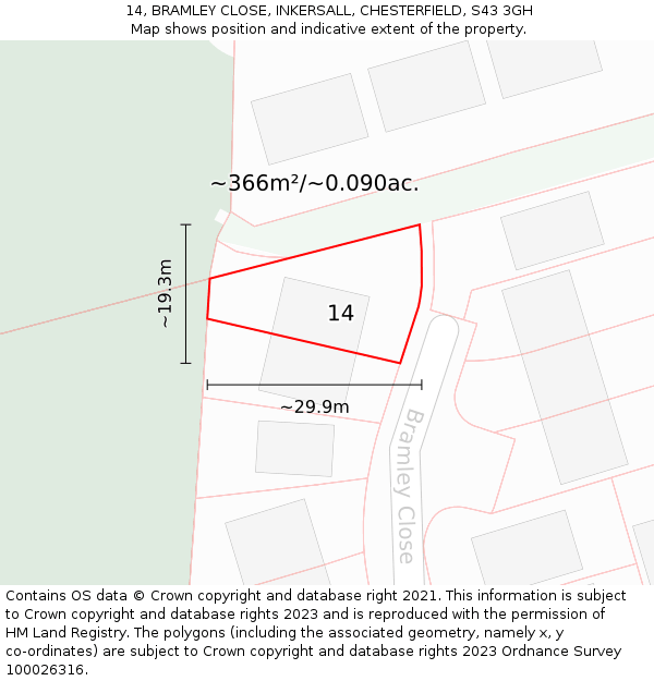 14, BRAMLEY CLOSE, INKERSALL, CHESTERFIELD, S43 3GH: Plot and title map
