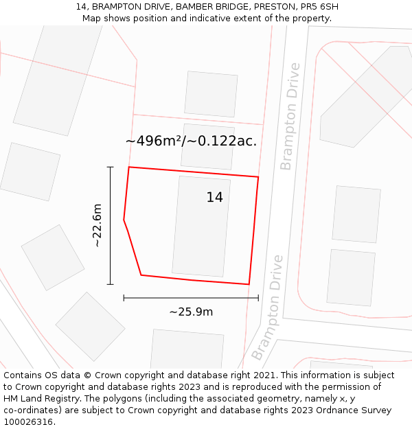 14, BRAMPTON DRIVE, BAMBER BRIDGE, PRESTON, PR5 6SH: Plot and title map