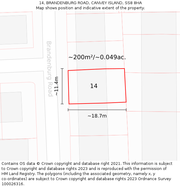 14, BRANDENBURG ROAD, CANVEY ISLAND, SS8 8HA: Plot and title map