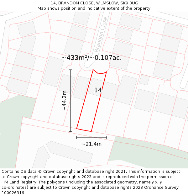 14, BRANDON CLOSE, WILMSLOW, SK9 3UG: Plot and title map