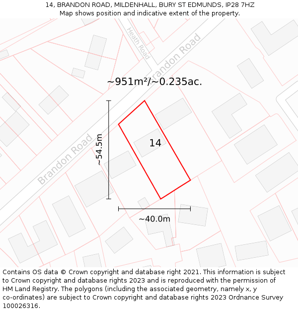 14, BRANDON ROAD, MILDENHALL, BURY ST EDMUNDS, IP28 7HZ: Plot and title map
