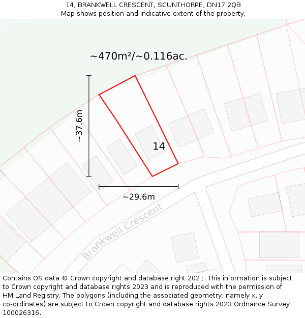 14, BRANKWELL CRESCENT, SCUNTHORPE, DN17 2QB: Plot and title map