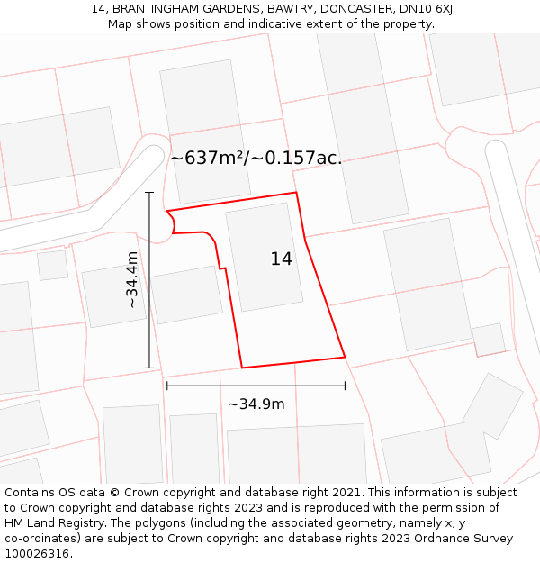 14, BRANTINGHAM GARDENS, BAWTRY, DONCASTER, DN10 6XJ: Plot and title map