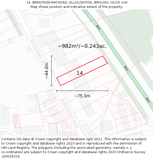 14, BRANTINGHAM ROAD, ELLOUGHTON, BROUGH, HU15 1HX: Plot and title map