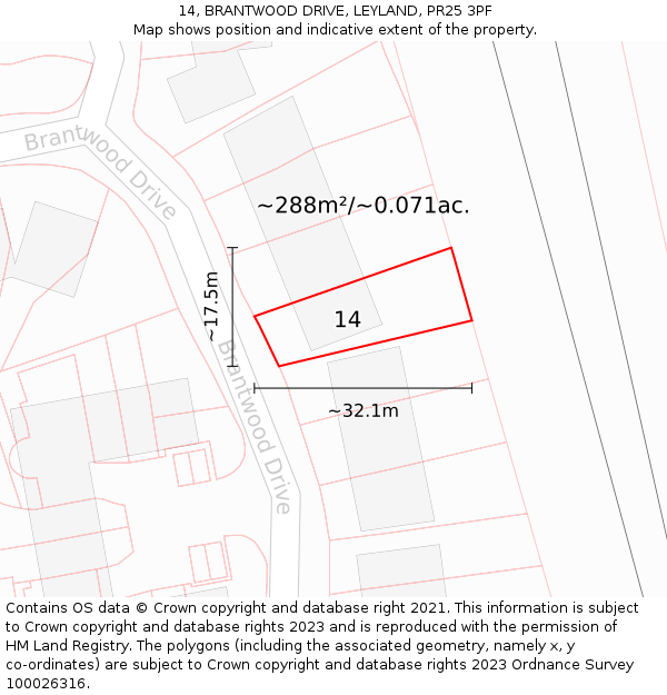 14, BRANTWOOD DRIVE, LEYLAND, PR25 3PF: Plot and title map