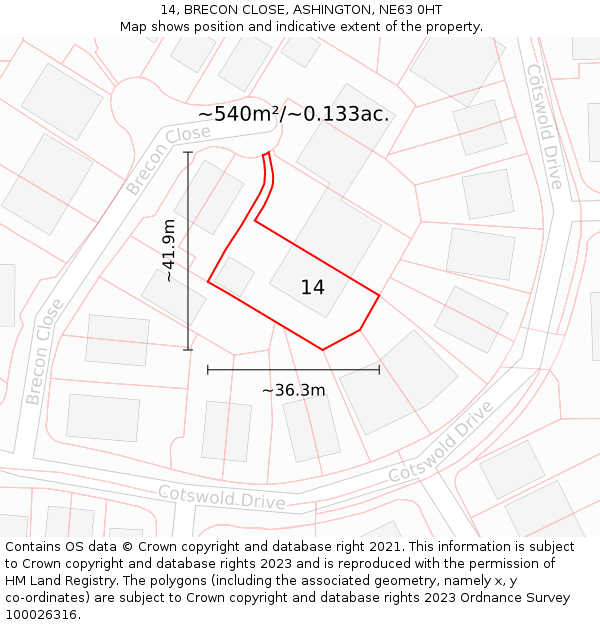 14, BRECON CLOSE, ASHINGTON, NE63 0HT: Plot and title map
