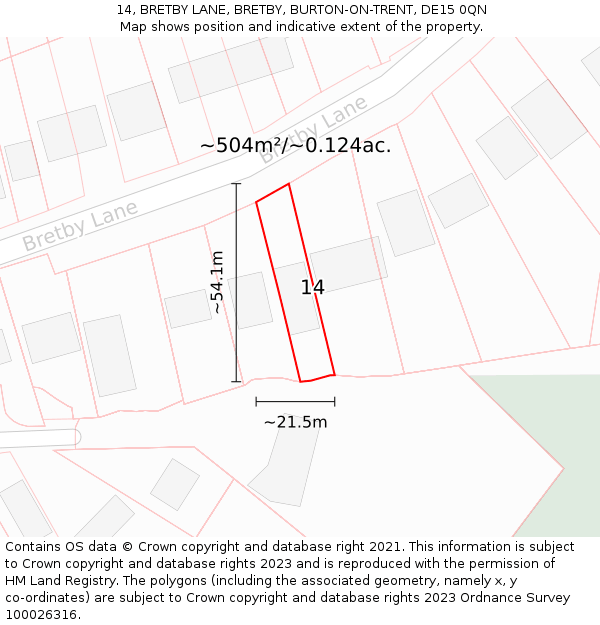 14, BRETBY LANE, BRETBY, BURTON-ON-TRENT, DE15 0QN: Plot and title map