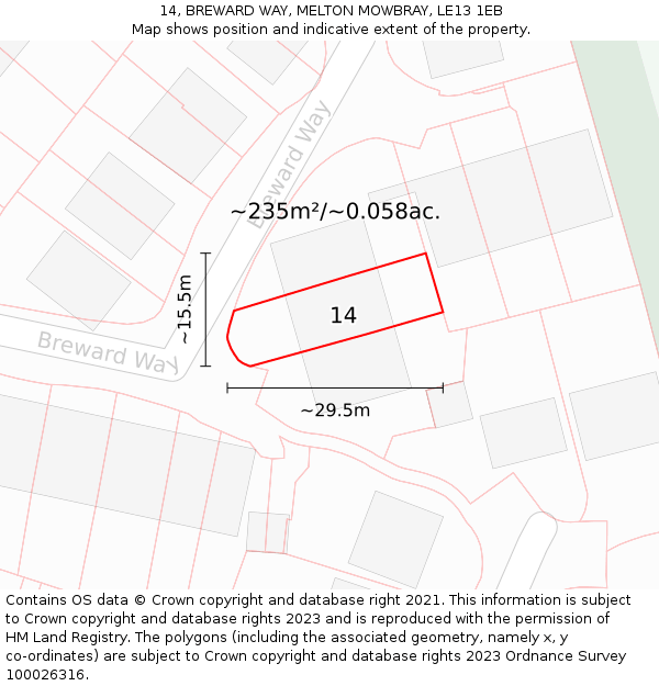 14, BREWARD WAY, MELTON MOWBRAY, LE13 1EB: Plot and title map