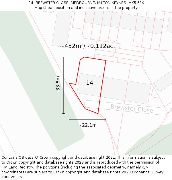 14, BREWSTER CLOSE, MEDBOURNE, MILTON KEYNES, MK5 6FX: Plot and title map