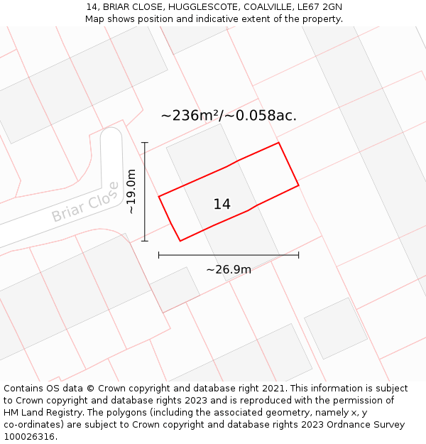 14, BRIAR CLOSE, HUGGLESCOTE, COALVILLE, LE67 2GN: Plot and title map