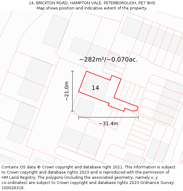 14, BRICKTON ROAD, HAMPTON VALE, PETERBOROUGH, PE7 8HS: Plot and title map