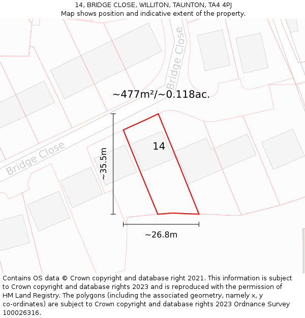 14, BRIDGE CLOSE, WILLITON, TAUNTON, TA4 4PJ: Plot and title map