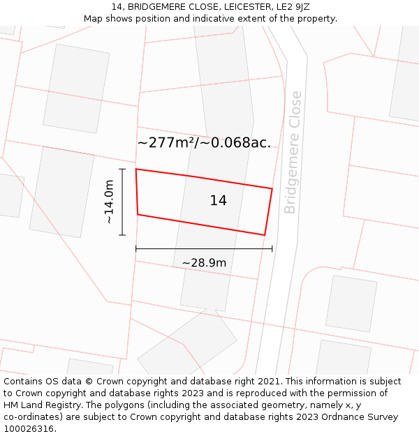 14, BRIDGEMERE CLOSE, LEICESTER, LE2 9JZ: Plot and title map