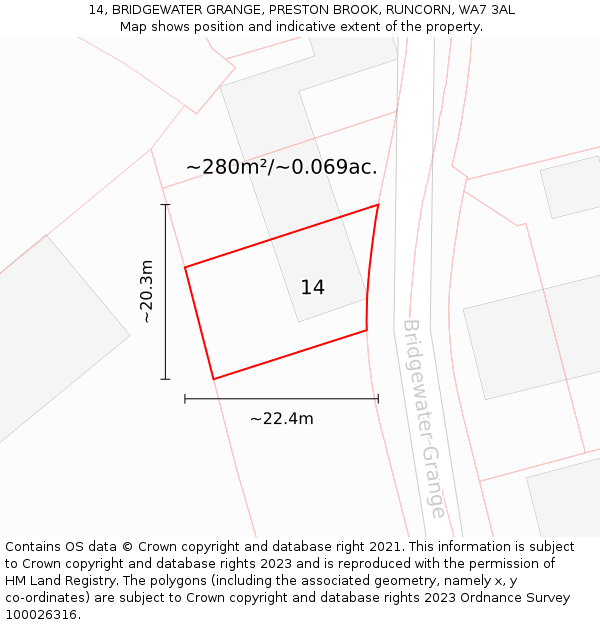 14, BRIDGEWATER GRANGE, PRESTON BROOK, RUNCORN, WA7 3AL: Plot and title map