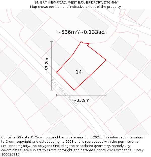 14, BRIT VIEW ROAD, WEST BAY, BRIDPORT, DT6 4HY: Plot and title map