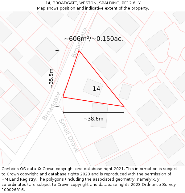 14, BROADGATE, WESTON, SPALDING, PE12 6HY: Plot and title map