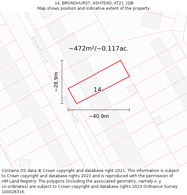 14, BROADHURST, ASHTEAD, KT21 1QB: Plot and title map