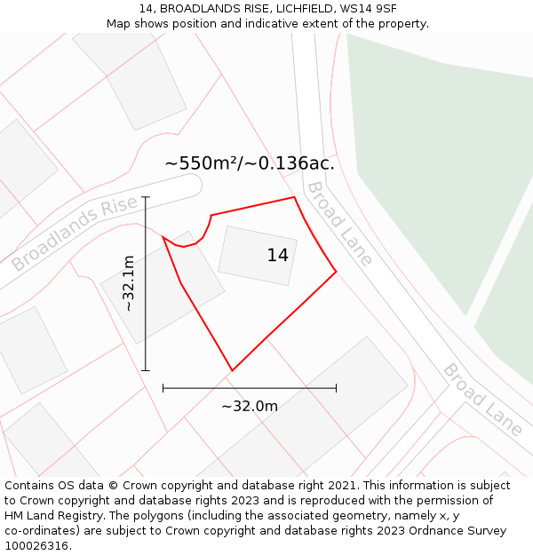 14, BROADLANDS RISE, LICHFIELD, WS14 9SF: Plot and title map