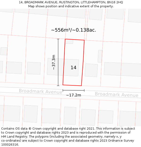 14, BROADMARK AVENUE, RUSTINGTON, LITTLEHAMPTON, BN16 2HQ: Plot and title map