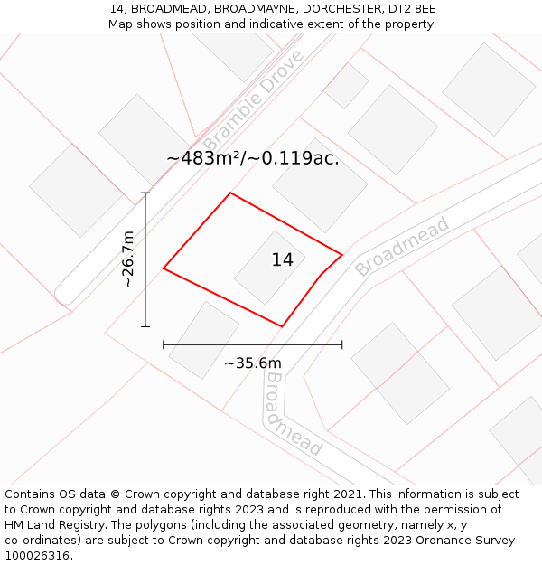 14, BROADMEAD, BROADMAYNE, DORCHESTER, DT2 8EE: Plot and title map