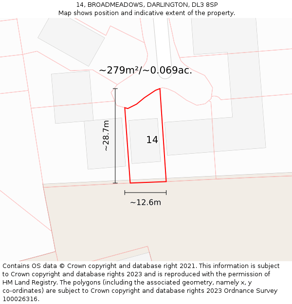14, BROADMEADOWS, DARLINGTON, DL3 8SP: Plot and title map