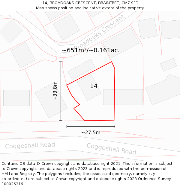 14, BROADOAKS CRESCENT, BRAINTREE, CM7 9FD: Plot and title map
