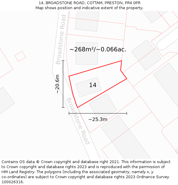 14, BROADSTONE ROAD, COTTAM, PRESTON, PR4 0PR: Plot and title map