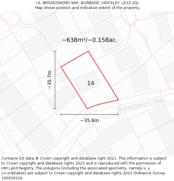 14, BROADSWORD WAY, BURBAGE, HINCKLEY, LE10 2QL: Plot and title map