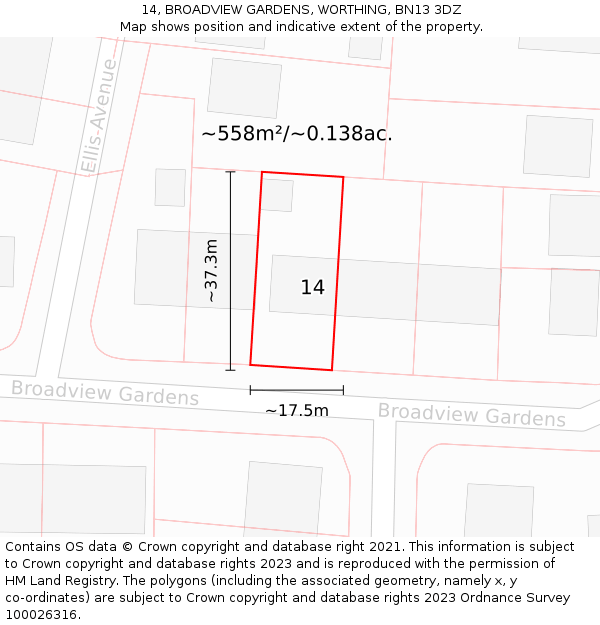 14, BROADVIEW GARDENS, WORTHING, BN13 3DZ: Plot and title map