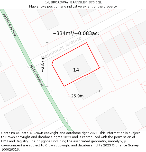 14, BROADWAY, BARNSLEY, S70 6QL: Plot and title map