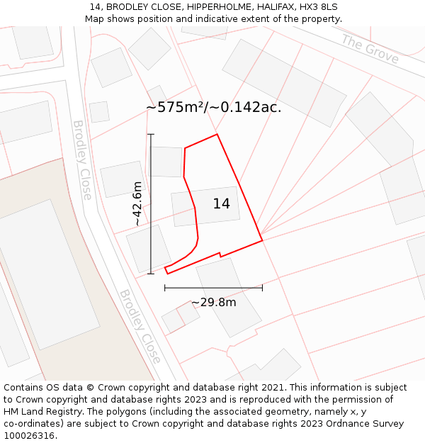 14, BRODLEY CLOSE, HIPPERHOLME, HALIFAX, HX3 8LS: Plot and title map