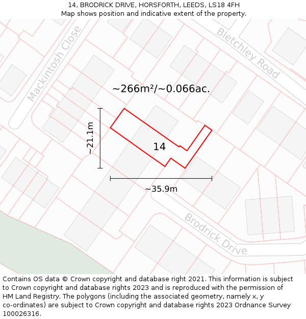14, BRODRICK DRIVE, HORSFORTH, LEEDS, LS18 4FH: Plot and title map