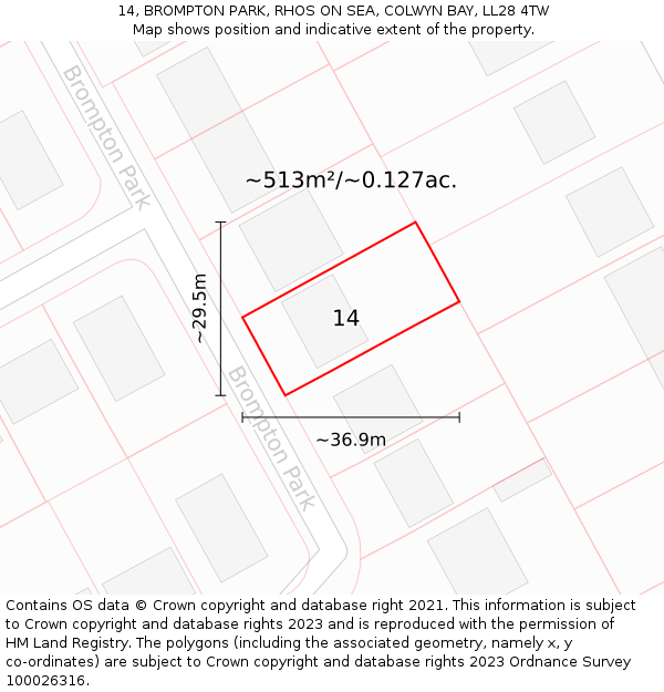 14, BROMPTON PARK, RHOS ON SEA, COLWYN BAY, LL28 4TW: Plot and title map