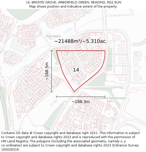 14, BRONTE GROVE, ARBORFIELD GREEN, READING, RG2 9UN: Plot and title map
