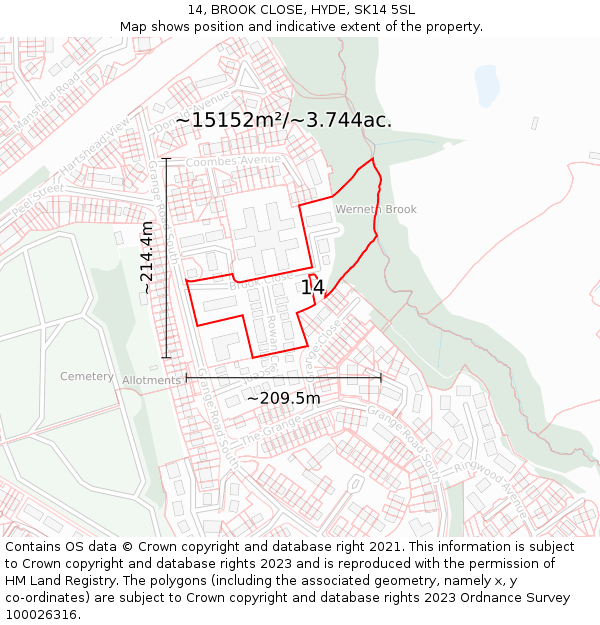 14, BROOK CLOSE, HYDE, SK14 5SL: Plot and title map