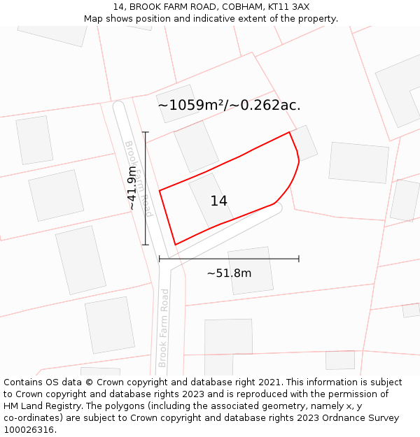 14, BROOK FARM ROAD, COBHAM, KT11 3AX: Plot and title map