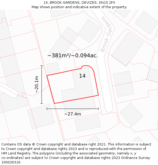14, BROOK GARDENS, DEVIZES, SN10 2FX: Plot and title map