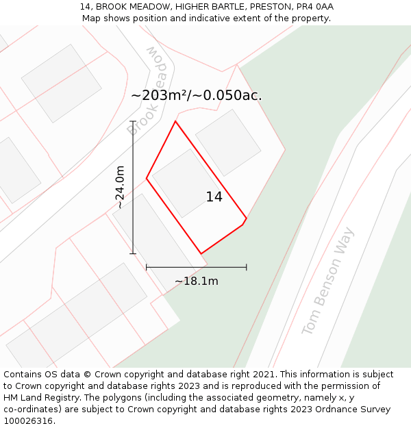 14, BROOK MEADOW, HIGHER BARTLE, PRESTON, PR4 0AA: Plot and title map